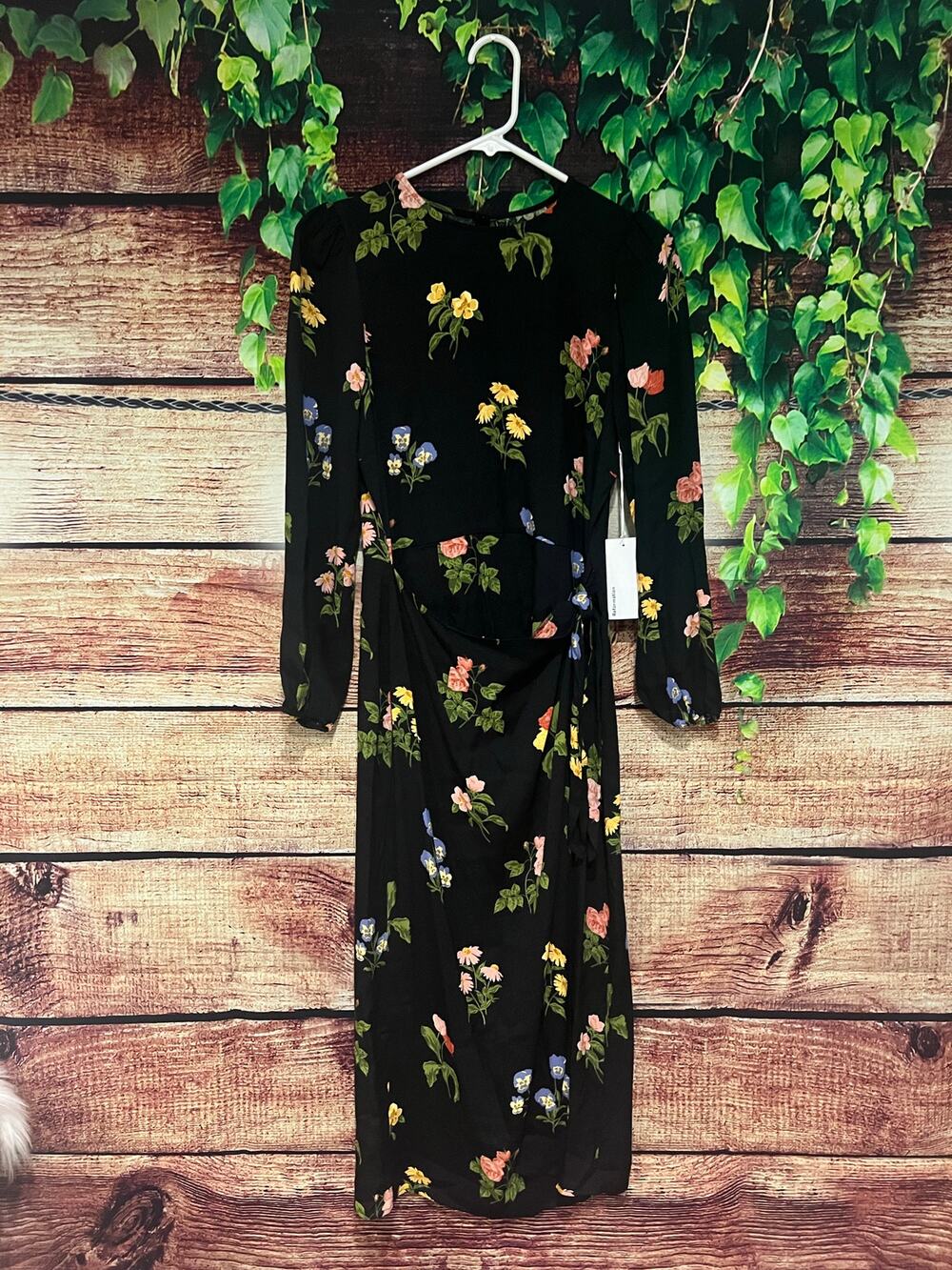 NWT Reformation Reza Midi Dress Night Bloom Long Sleeve Black Floral Wrap Size 6